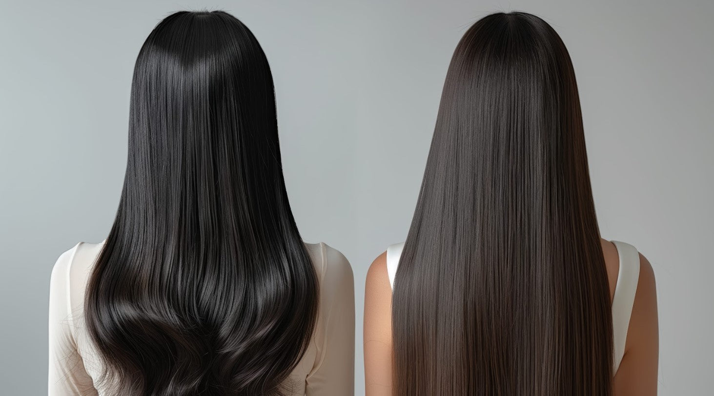 What is keratin treatment comparison showing before and after smooth, frizz-free, straightened hair results